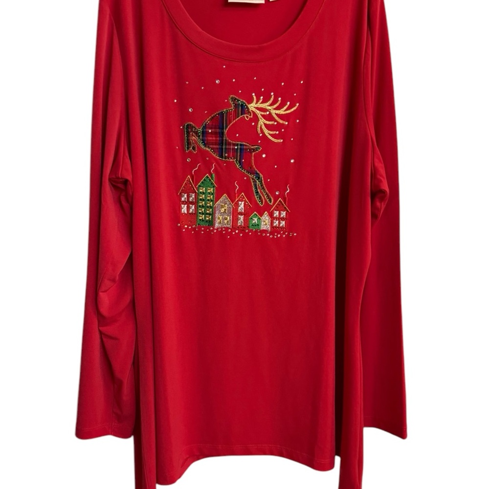 Quacker Factory Tunic Holiday Shirt Size XL Red Reindeer Christmas Blouse